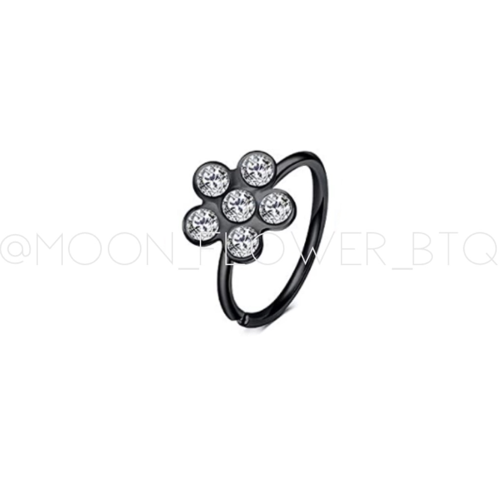 Tiny Black Cz Flower Fixed Hoop Nose Ring 18$